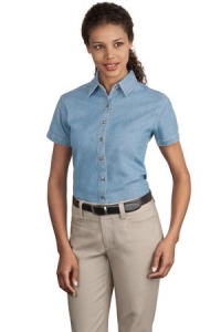 EWU Ladies Short Sleeve Denim Shirt - Embroidered